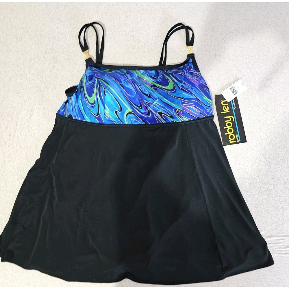 Robby Len One Piece Swimsuit Skirt Bathing Suit Wmns Plus Size 22 22W Black Blue
